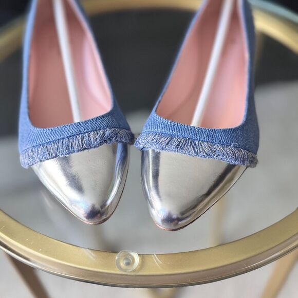 Kate Spade Women’s Size 8.5M Denim Fringe Flats Silver Cap Toe Vero Cuoio NIB - Picture 4 of 8